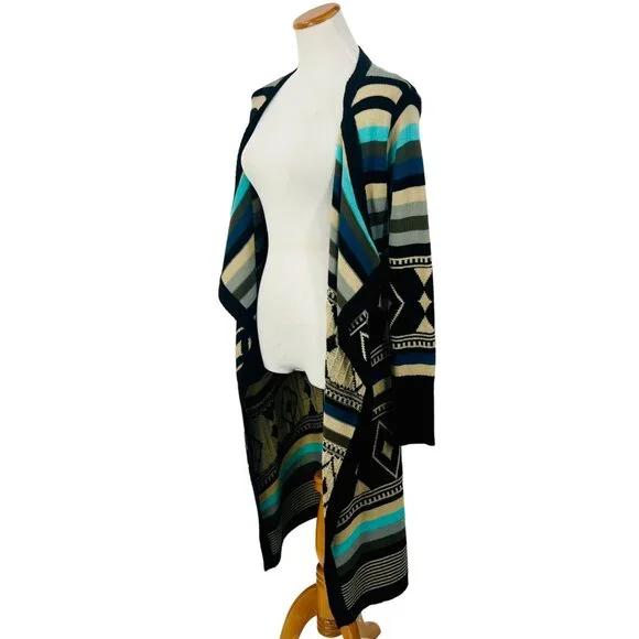 Love Stitch Long Geometric Striped Open Front Waterfall Cardigan Duster - Picture 7 of 16